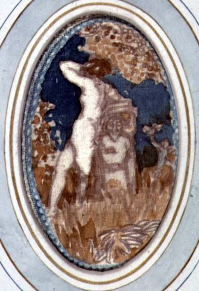 Nackte weibliche Figur lehnt an einer Statue im Garten von William Collins
